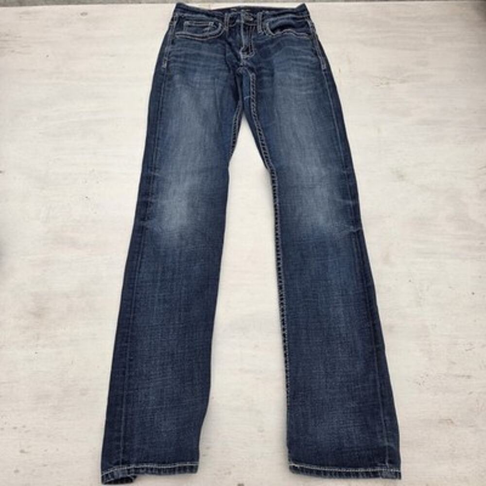 BKE Jake Straight Jeans Mens Size 30x36 Buckle Distressed Blue Denim Whiskers